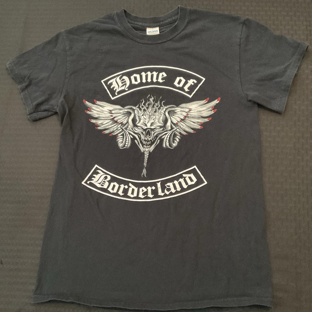Home Of Borderland Shirt Mens Small Black Skull Wings Biker Graphic Tee Gildan
